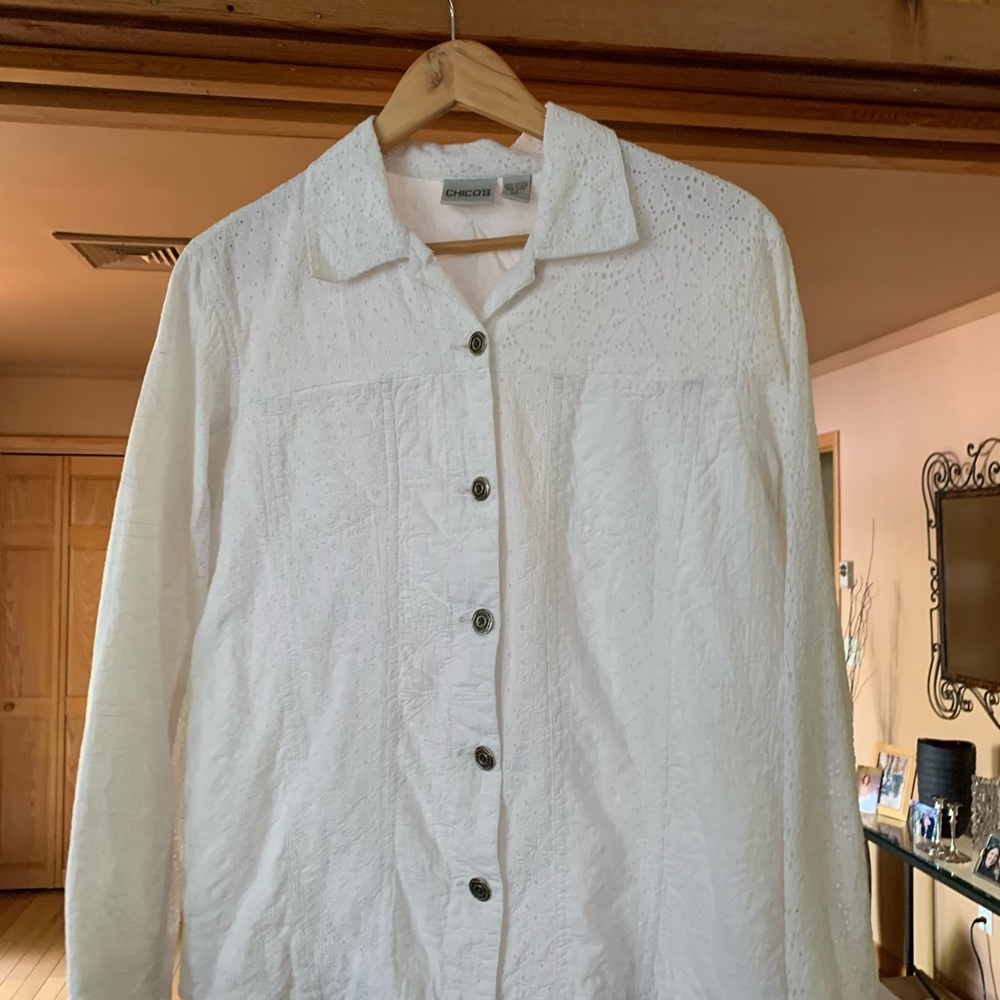 Chico’s white eyelet jacket with decorative metal buttons!
